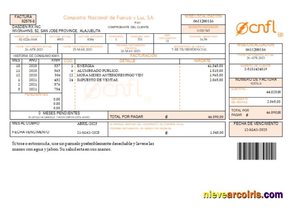 Compañía Nacional de Fuerza y Luz, S.A. (CNFL) utility business bill